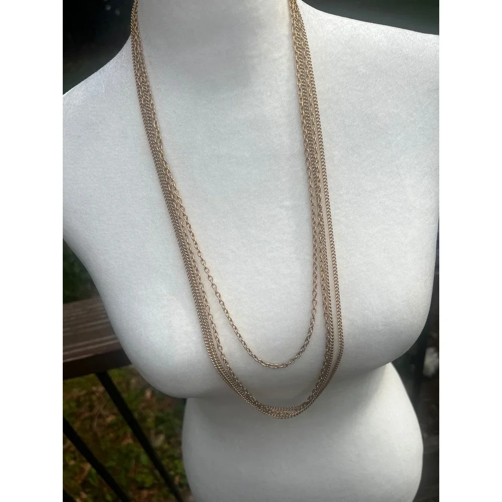 Vtg Gold Tone Multi Strand Layered Chain Necklace Sliding Orb Clasp‎ Retro Chic